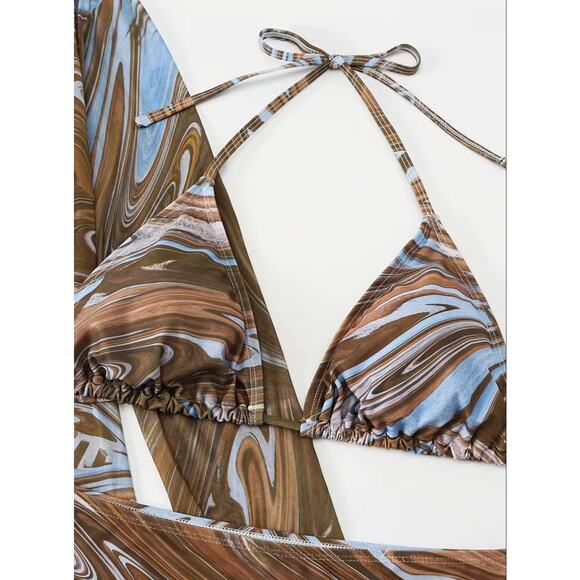 Blue Tan Marble Three-Piece High Waist Bikini Set Size 3XL - Picture 3 of 7